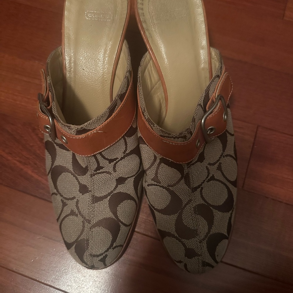 Coach Brown and Tan Mules with Signature Monogram